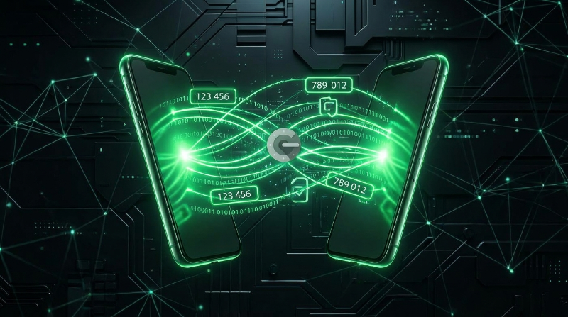Two smartphones facing each other with glowing data streams and authentication codes   transferring between them