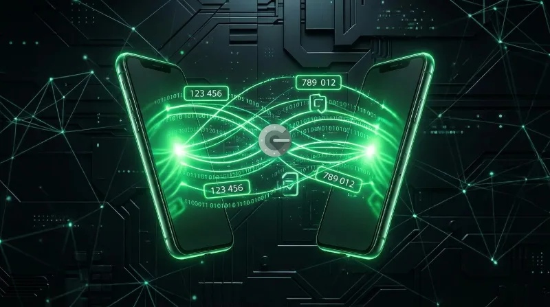 Two smartphones facing each other with glowing data streams and authentication codes   transferring between them
