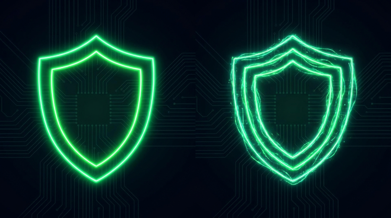 Two security shields side by side one with 2 layers and one with 3+ layers showing the difference between 2FA and MF