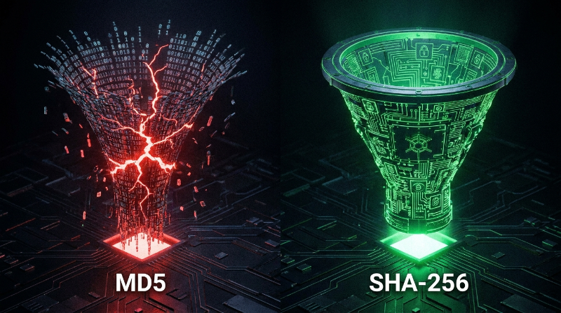 MD5 and SHA-256 are both hash functions, but they're not interchangeable.