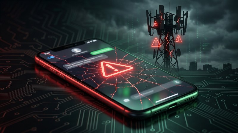 Smartphone receiving an SMS with a red warning triangle and cracked signal tower