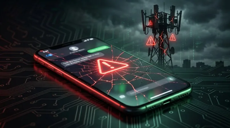 Smartphone receiving an SMS with a red warning triangle and cracked signal tower